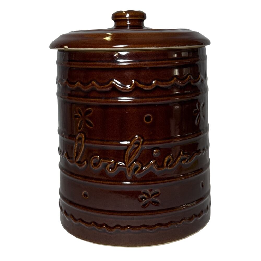 Marcrest Brown Embossed Stoneware Cookie Jar Cylinder USA 7 x 7 in With lid